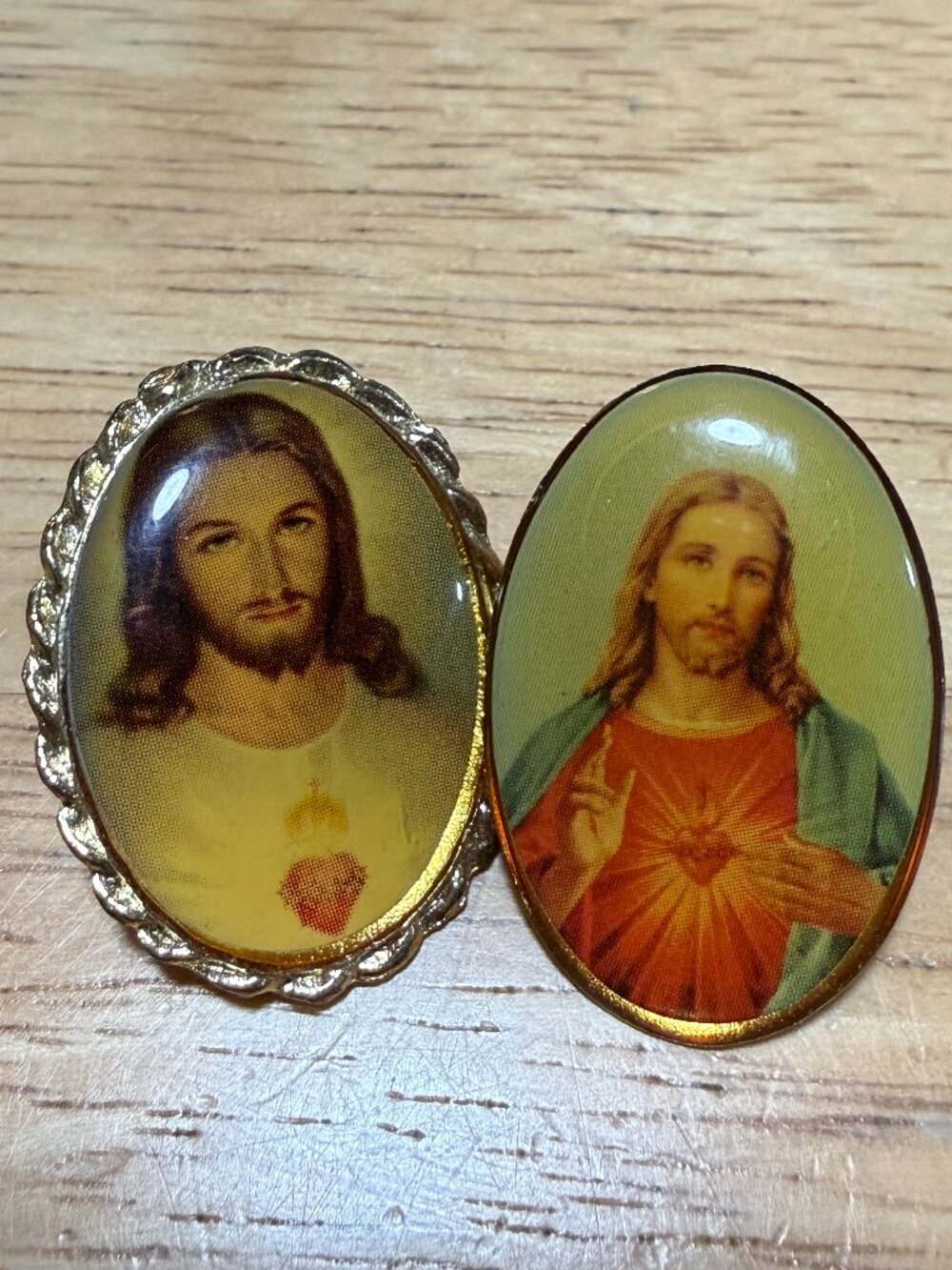 Lot 2 Vintage 1960s Sacred Heart of Jesus Picture Tack Pin Brooches Gold